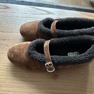Brown Suede Mary Jane Flats with Black Trim